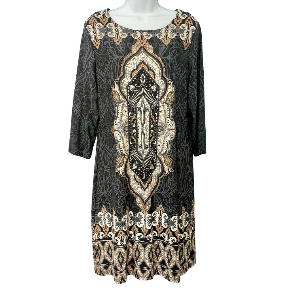Charter Club Gray Brown Cream Filigree 3/4 Sleeve Sheath Dress Petite size L PL
